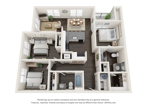 Floor plan for 3 beds, 2 baths, 1211 sqft